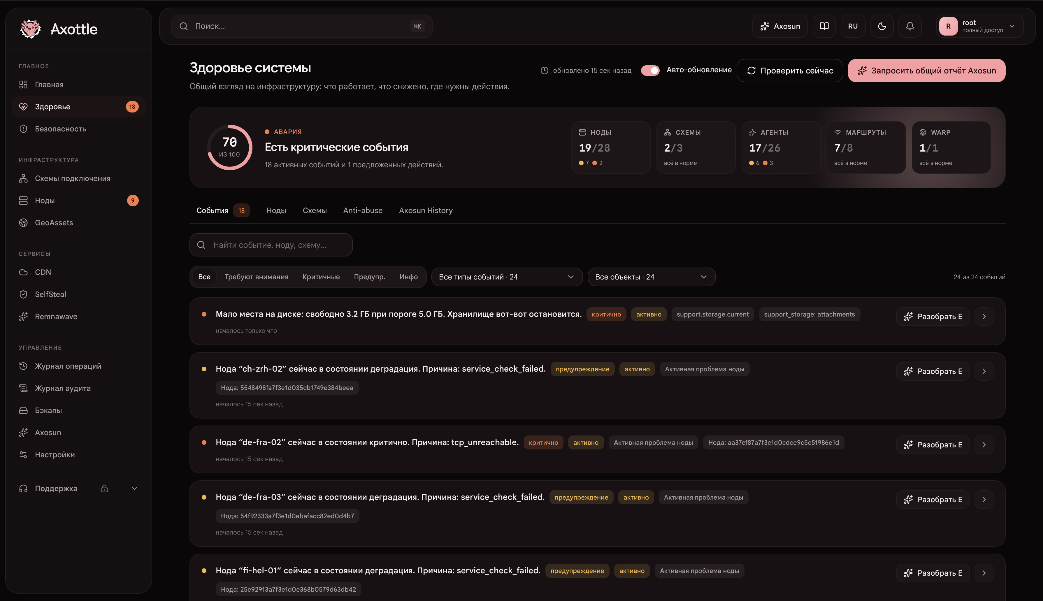 Центр здоровья Axottle с общей оценкой инфраструктуры, событиями и действиями Axosun