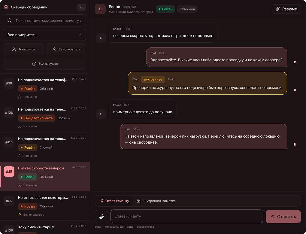 Рабочая очередь поддержки Axottle с открытым обращением клиента